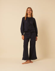Navy Tie Front Ruffle Trim Detail Pyjama Set