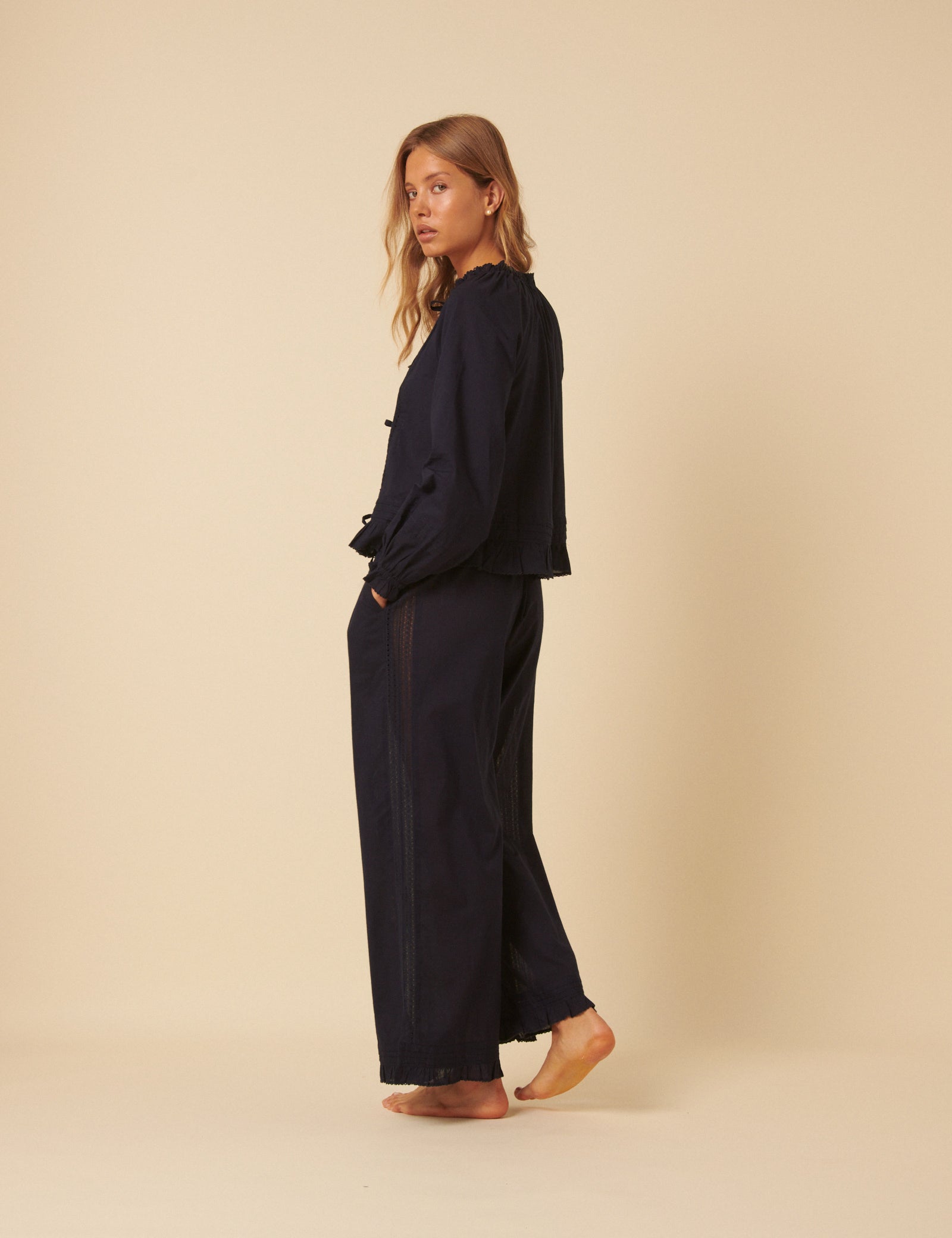 Navy Tie Front Ruffle Trim Detail Pyjama Set