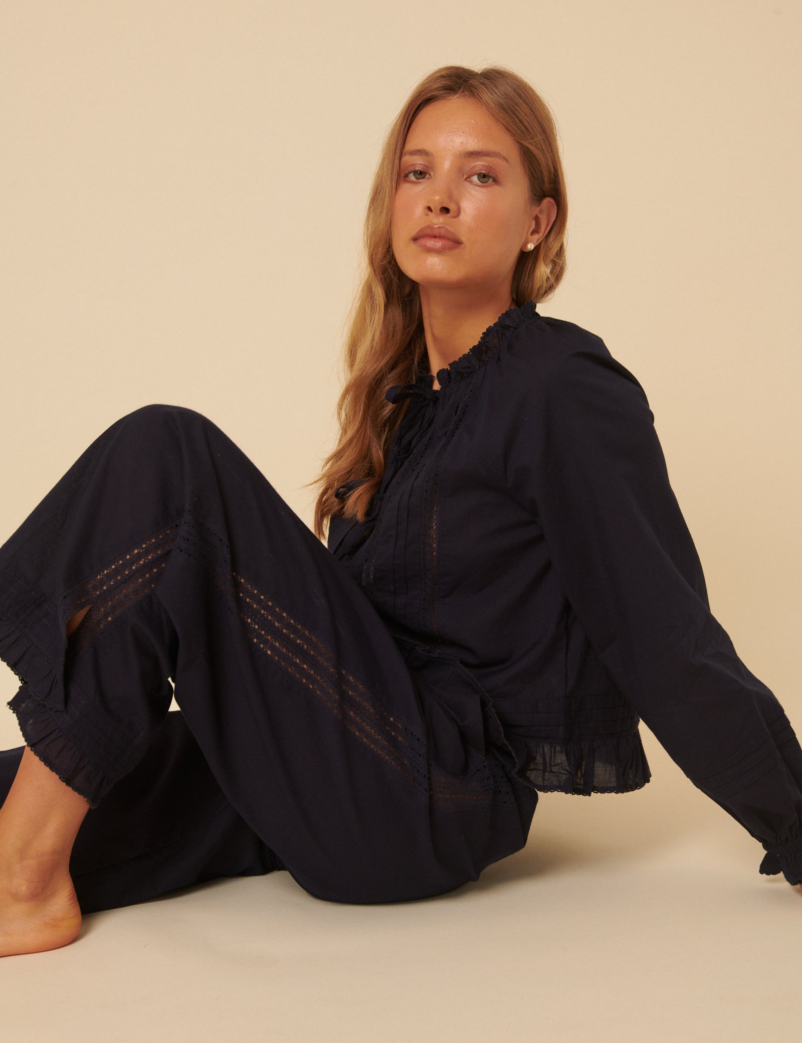 Navy Tie Front Ruffle Trim Detail Pyjama Set