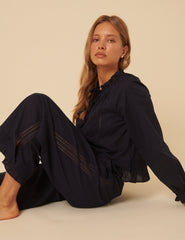 Navy Tie Front Ruffle Trim Detail Pyjama Set
