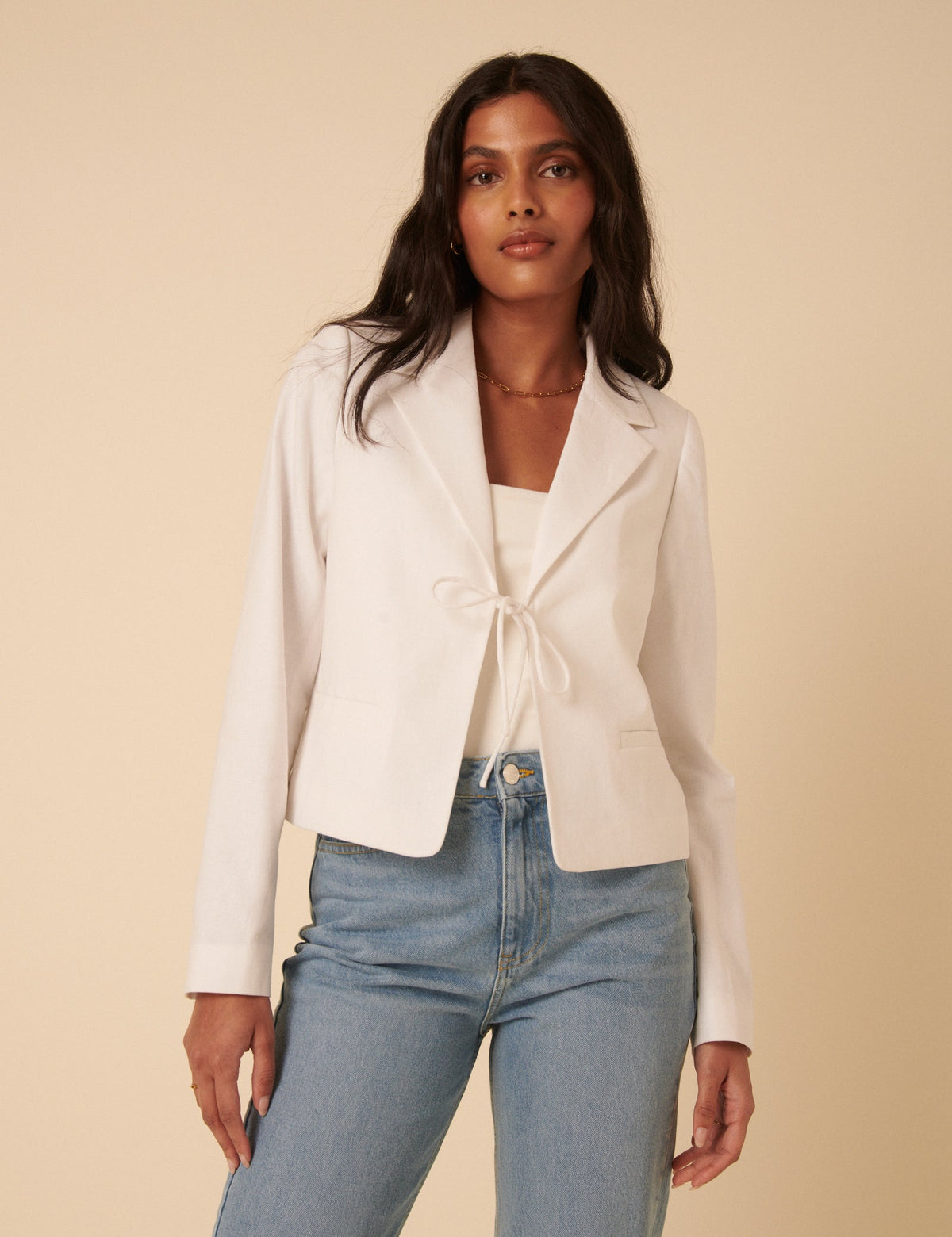 White Linen-blend Tie Front Jacket