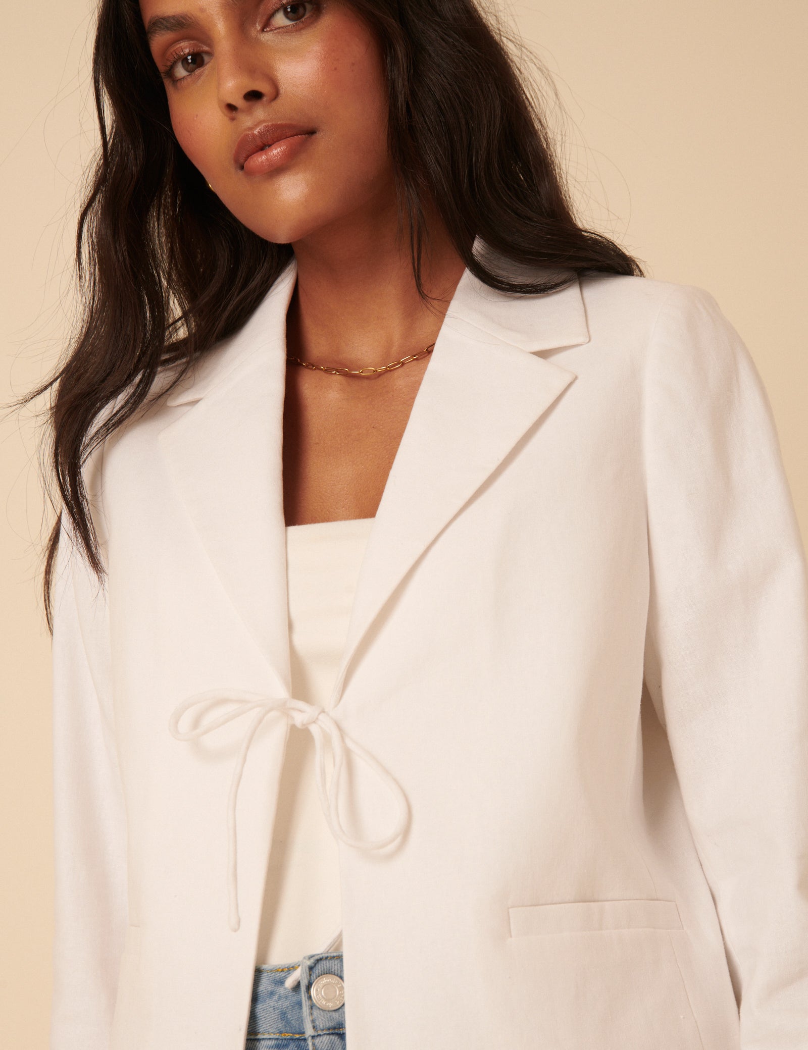 White Linen-blend Tie Front Jacket