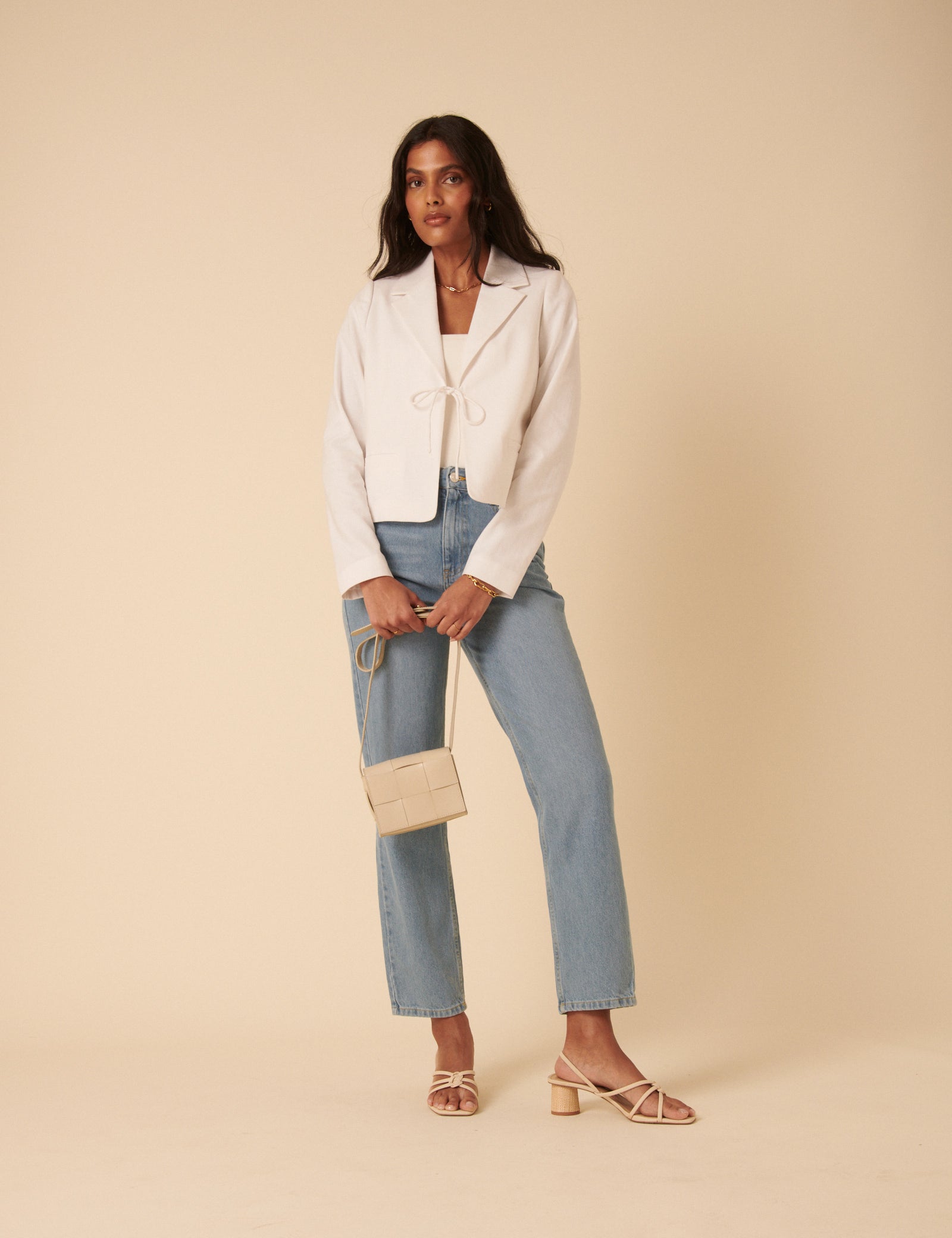 White Linen-blend Tie Front Jacket