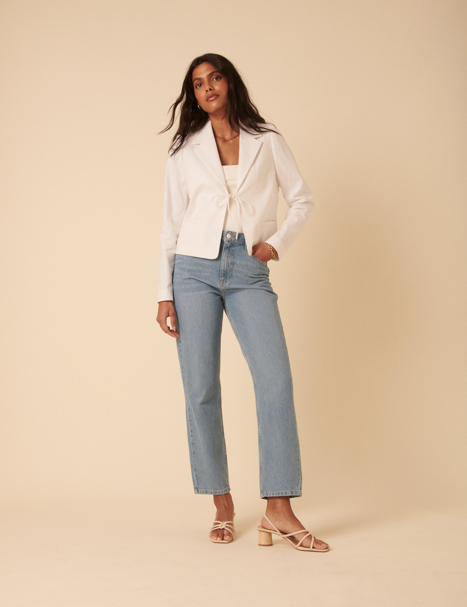 White Linen-blend Tie Front Jacket