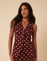 Burgundy Polka Dot Longline Waistcoat