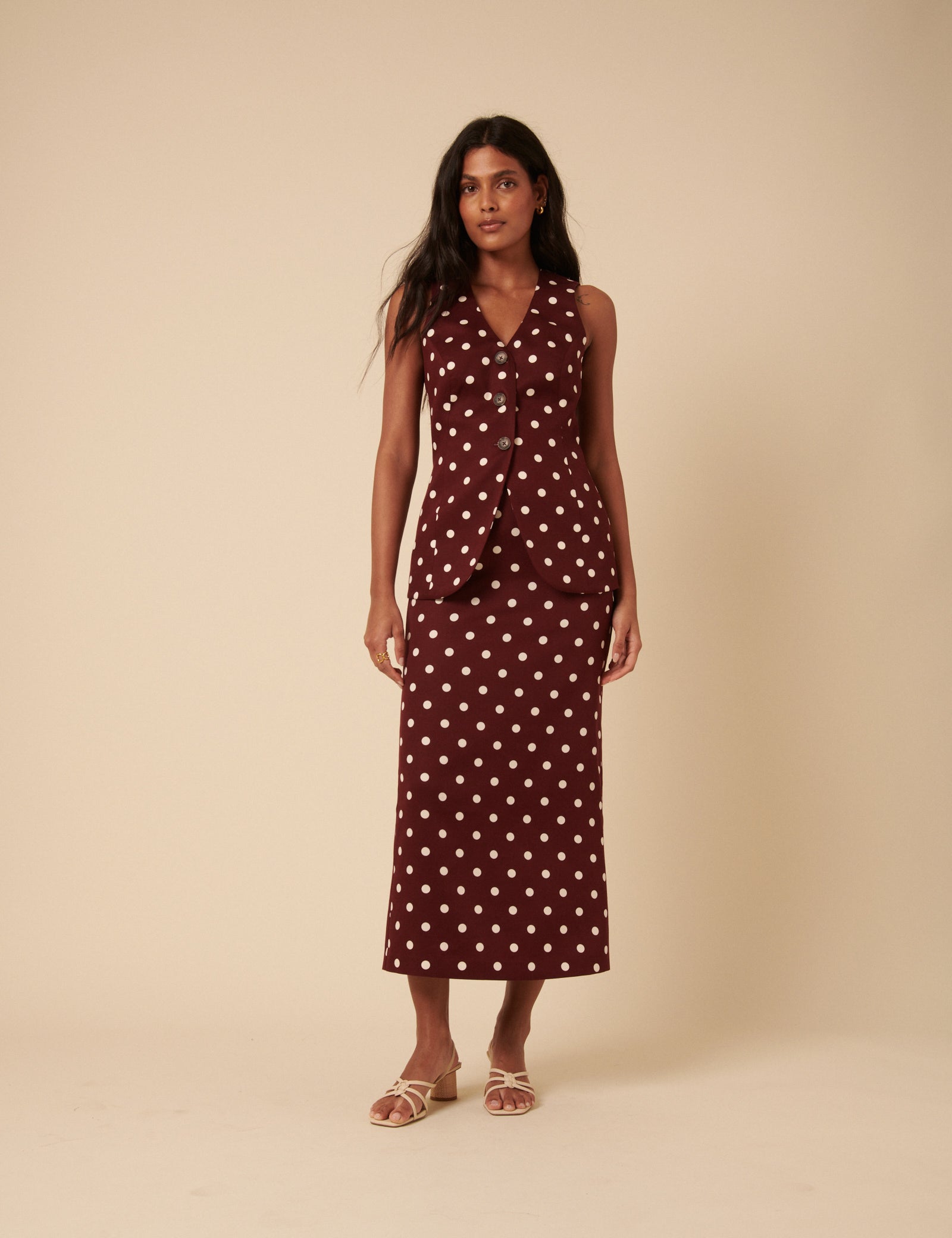 Burgundy Polka Dot Longline Waistcoat