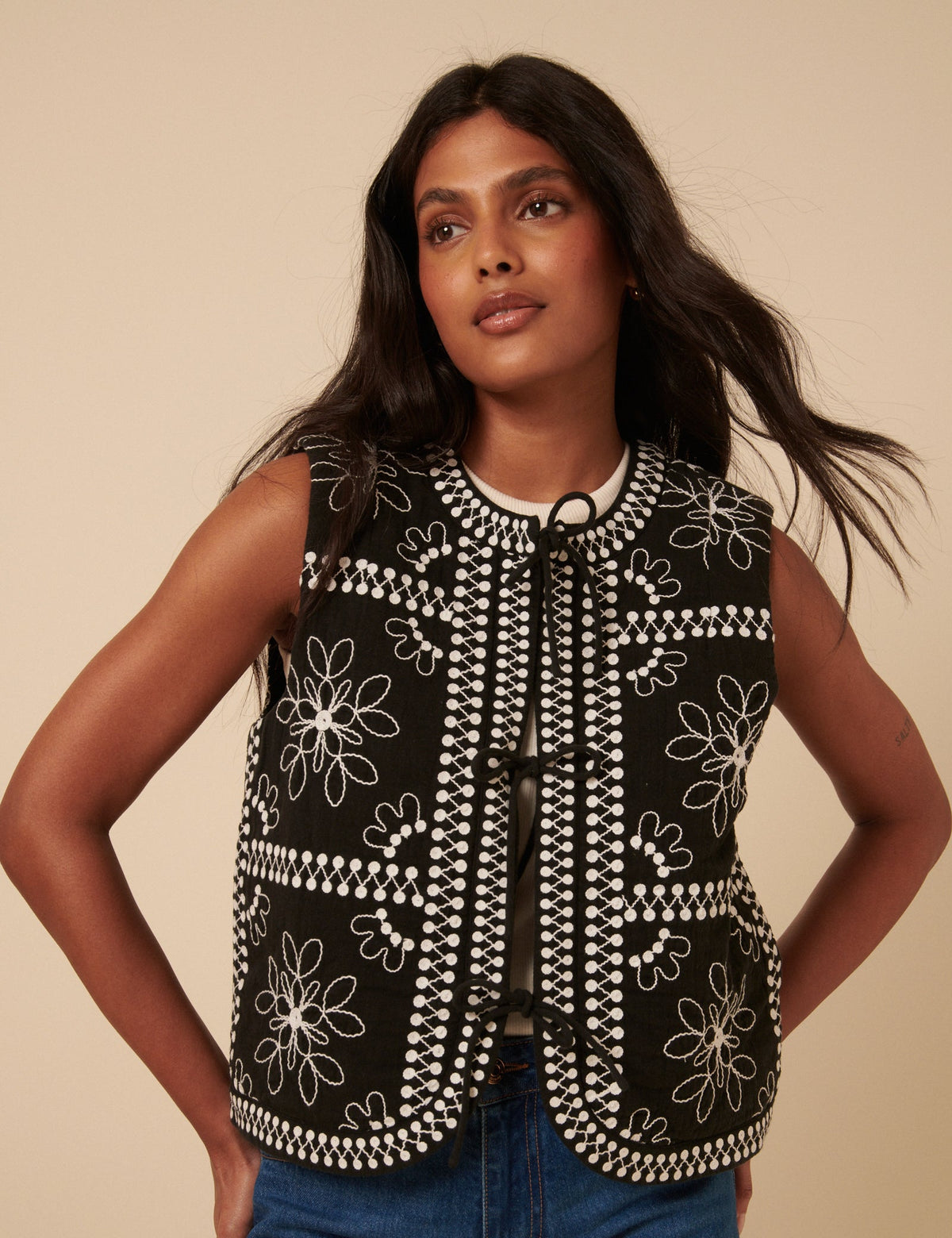 Black Floral Embroidered Gilet
