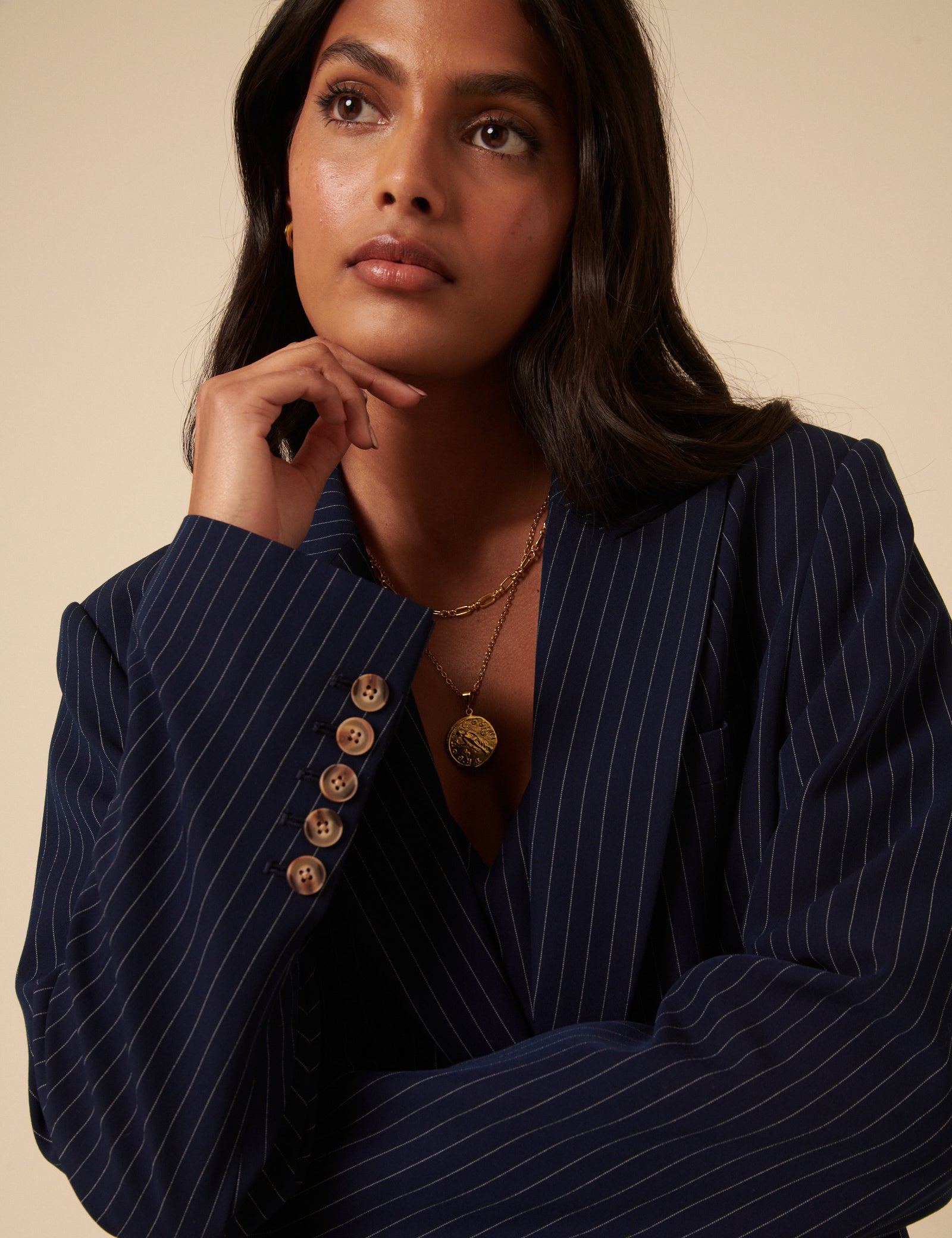 Poppy Delevingne Navy Pinstripe Cara Blazer