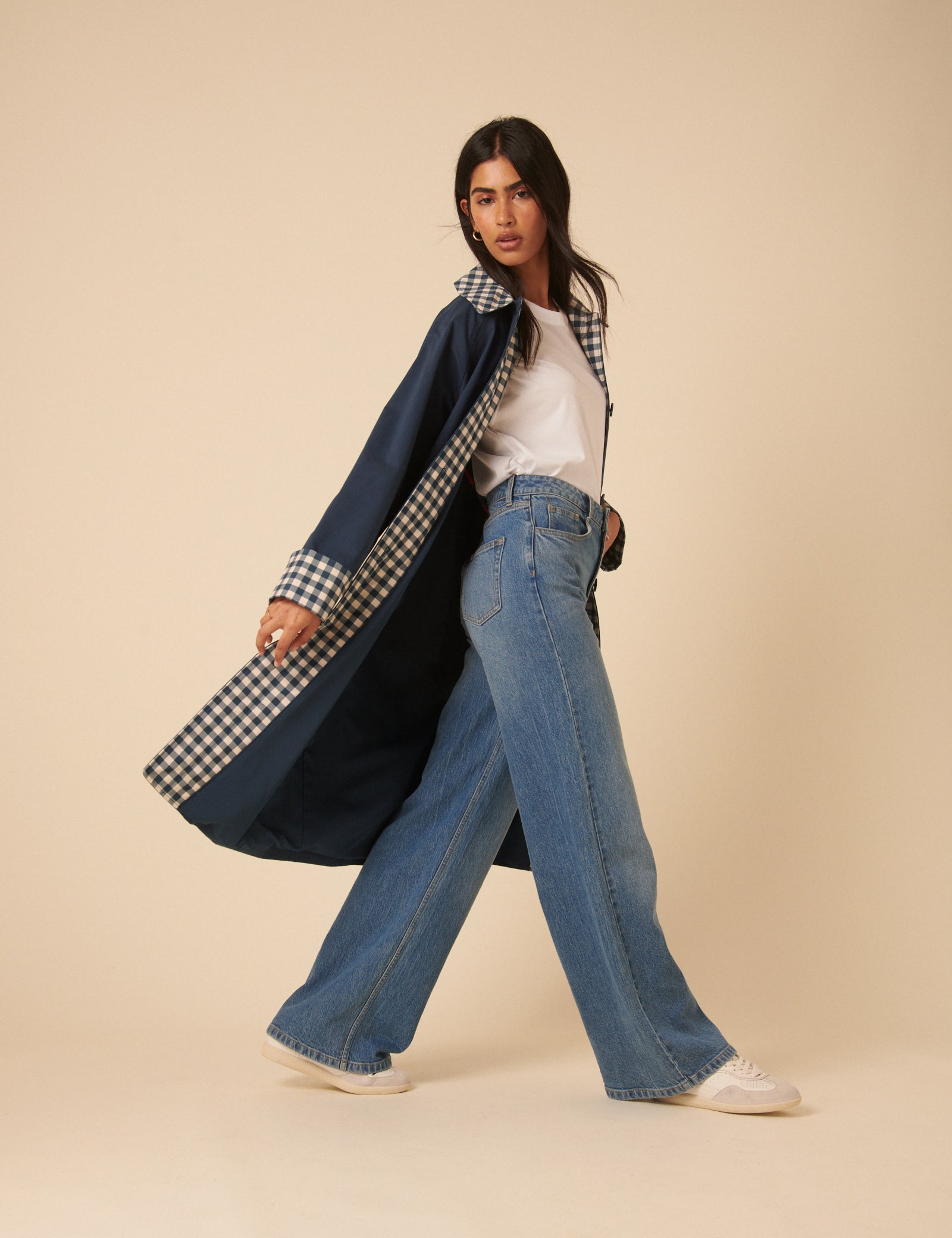 Navy Gingham Trim Trench Coat