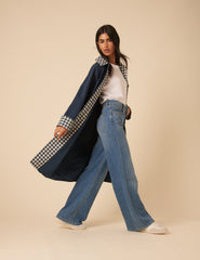 Navy Gingham Trim Trench Coat