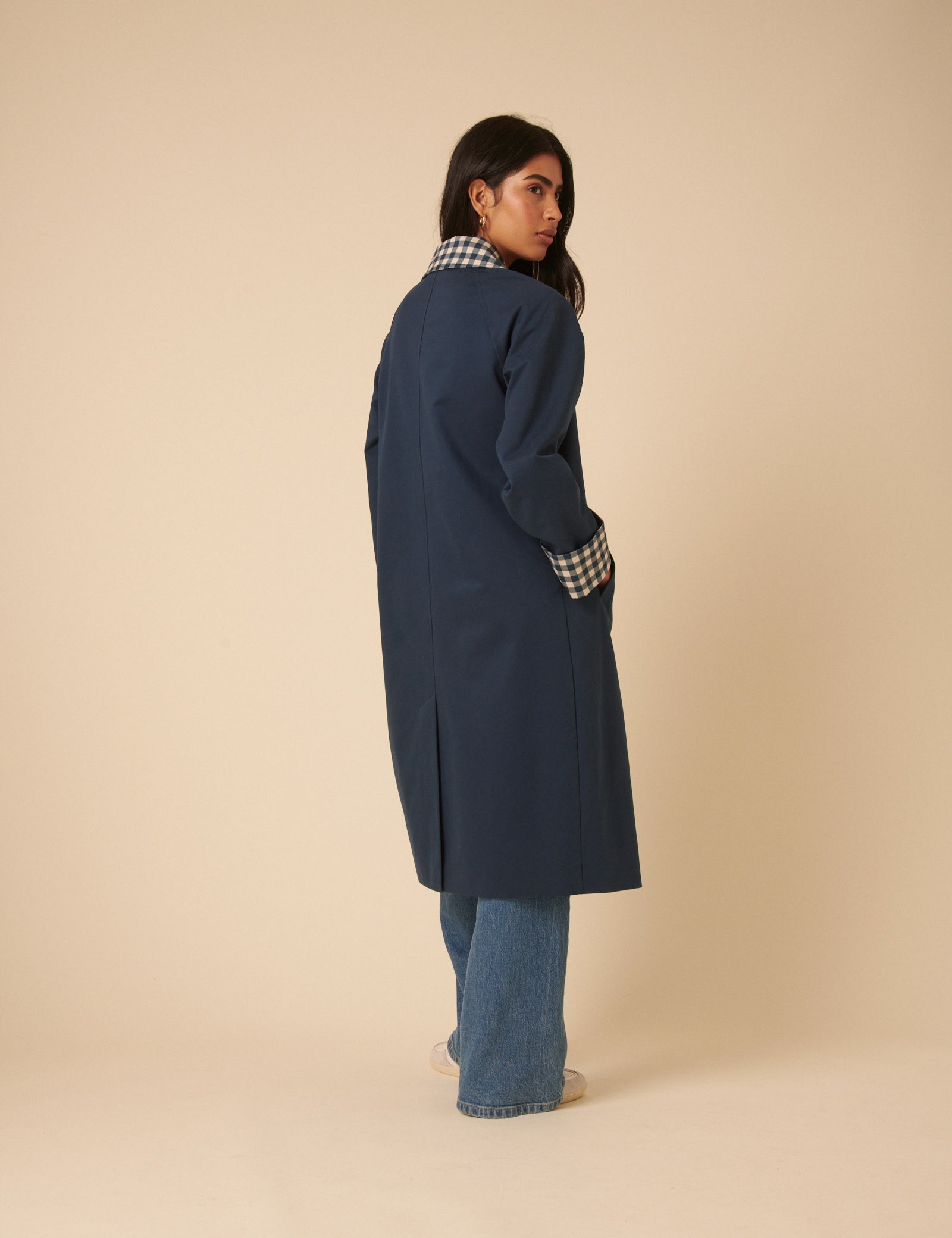 Navy Gingham Trim Trench Coat