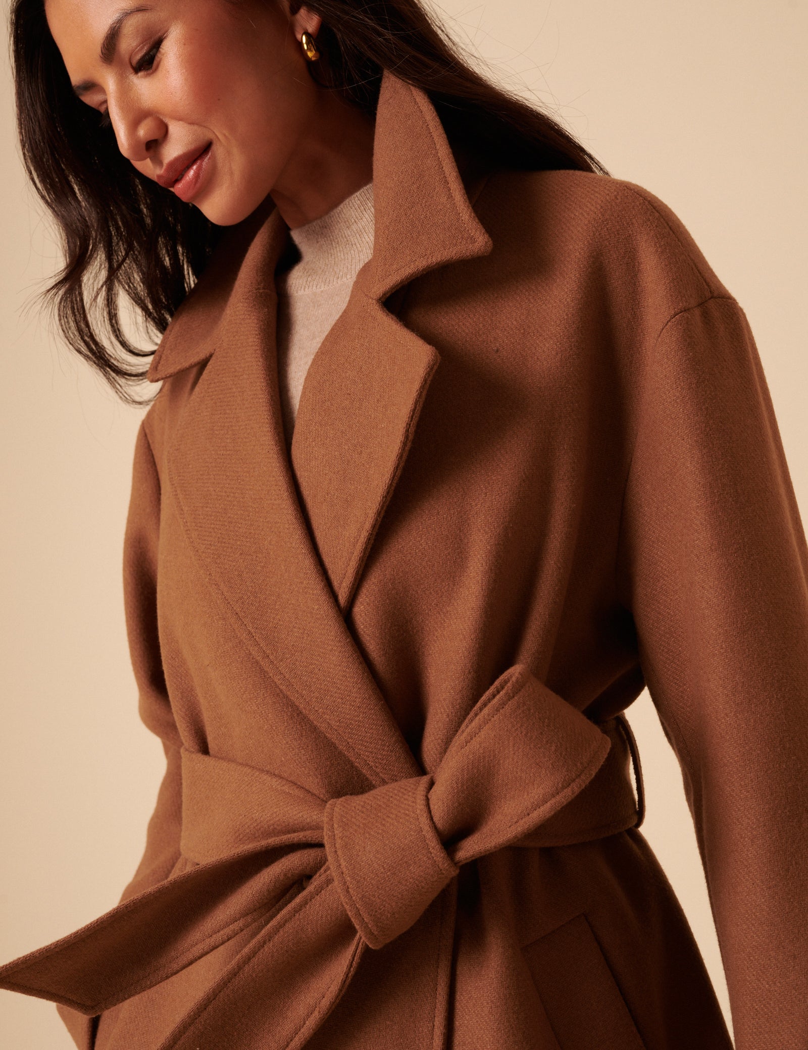 Camel Tie Belt Wrap Coat
