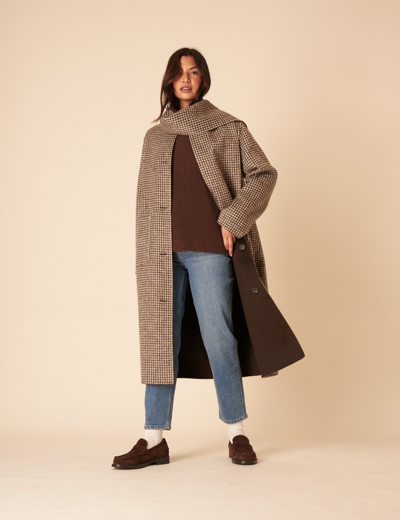 Brown Houndstooth Reversible Scarf Coat