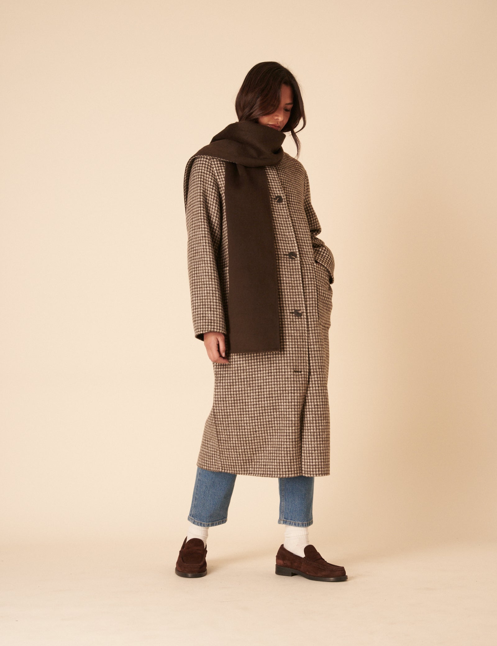 Brown Houndstooth Reversible Scarf Coat