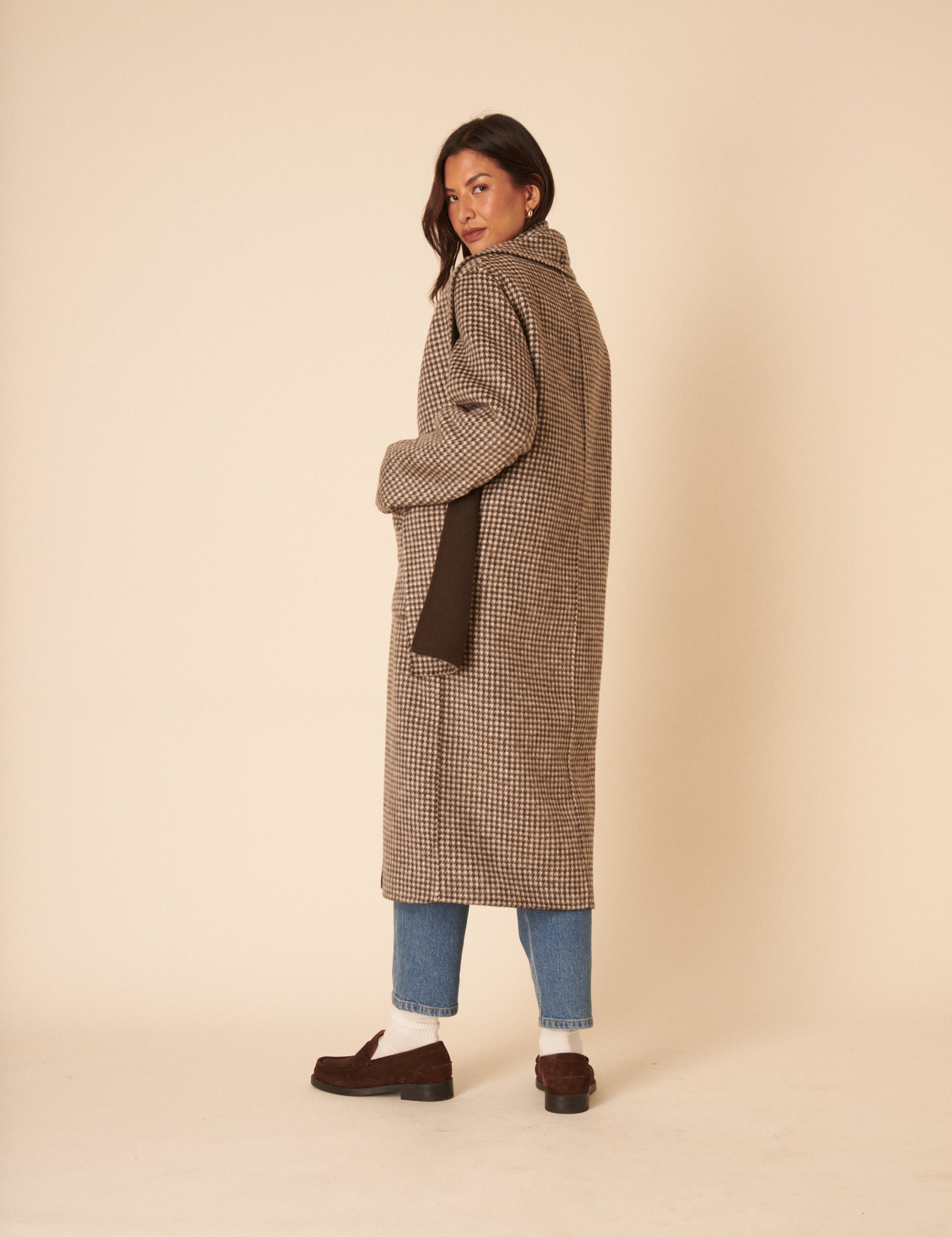 Brown Houndstooth Reversible Scarf Coat