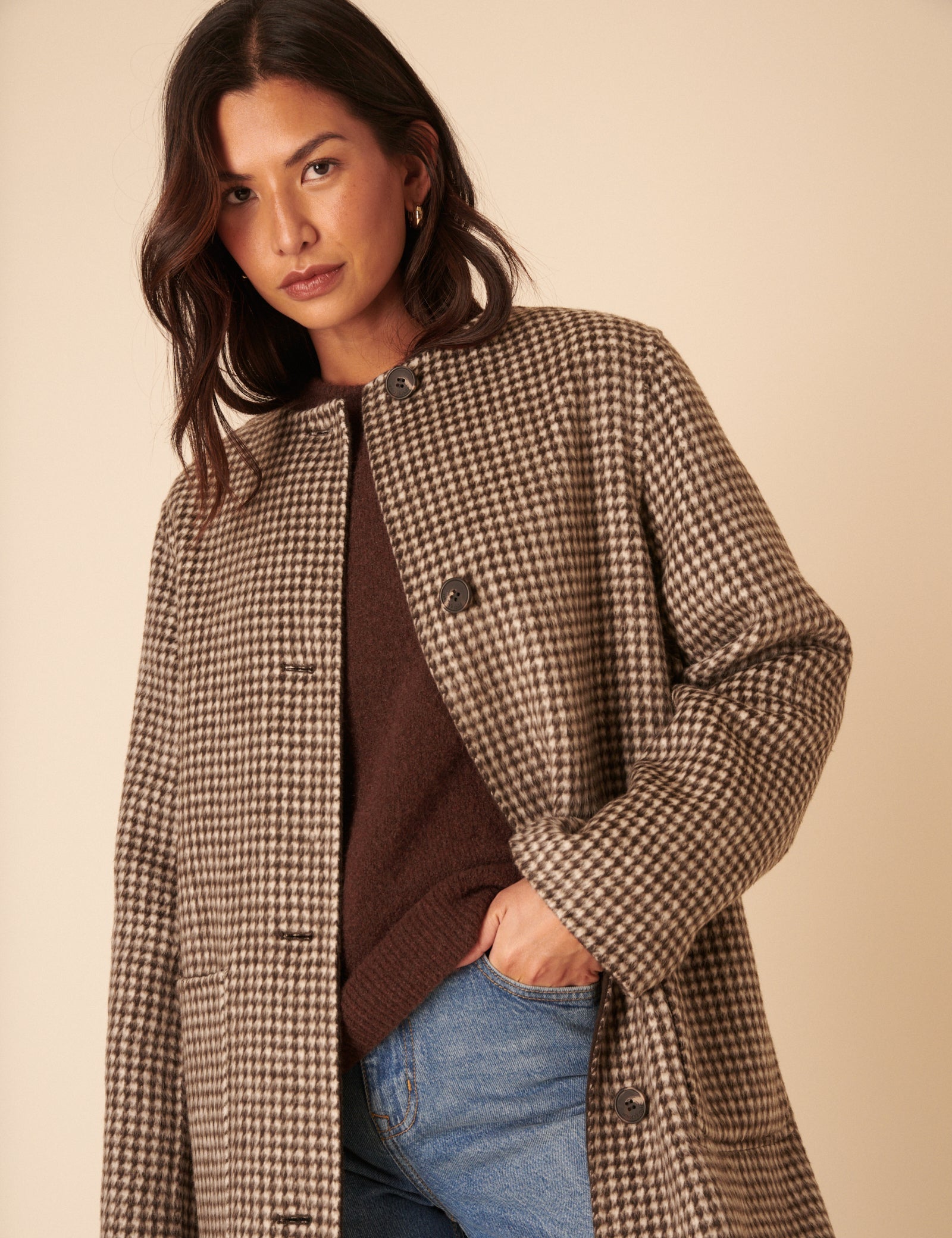 Brown Houndstooth Reversible Scarf Coat