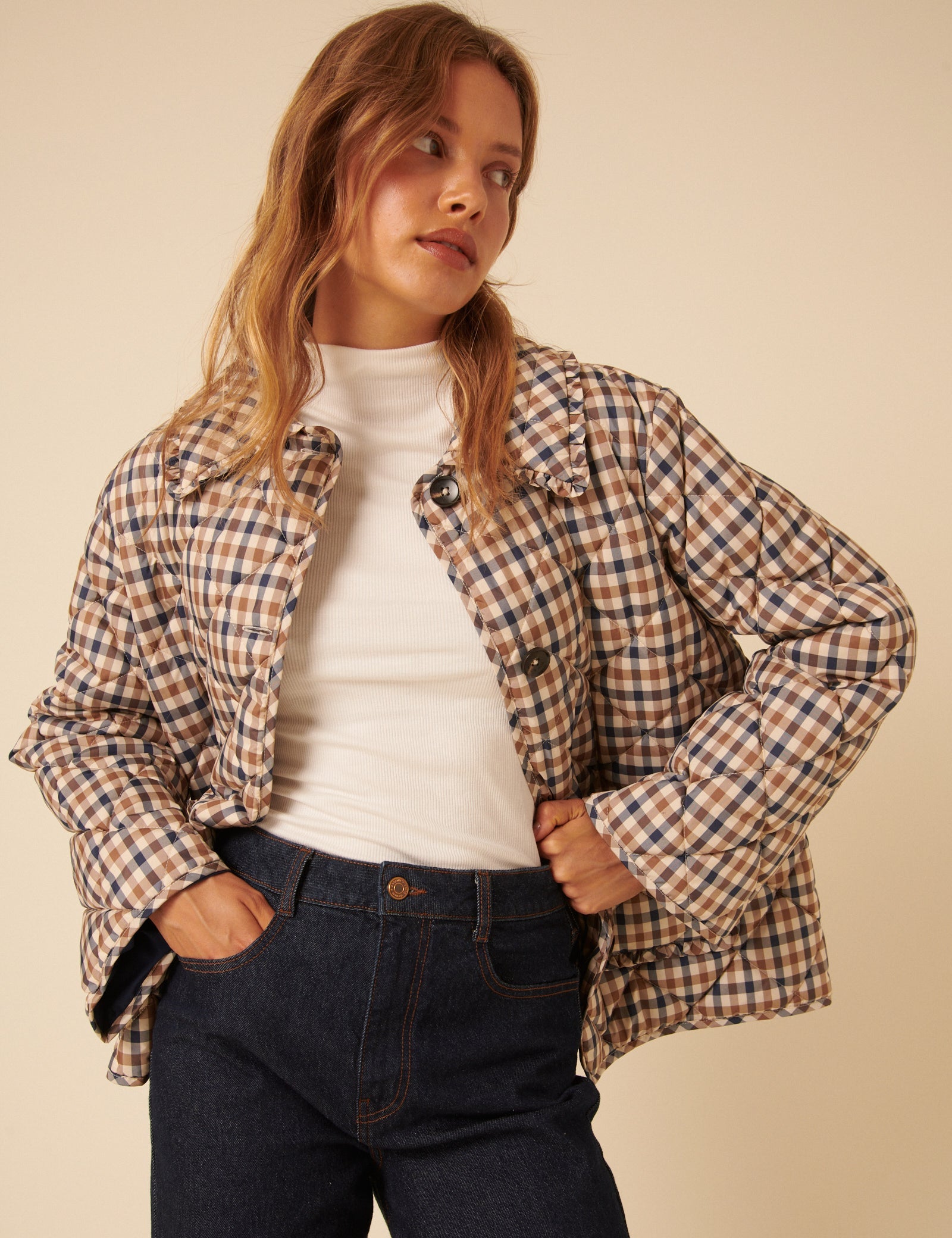 Beige Check Frill Quilted Jacket