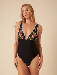 Black Floral Embroidered Plunge Swimsuit