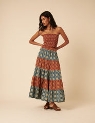 Tile Printed Tiered Midi Skirt