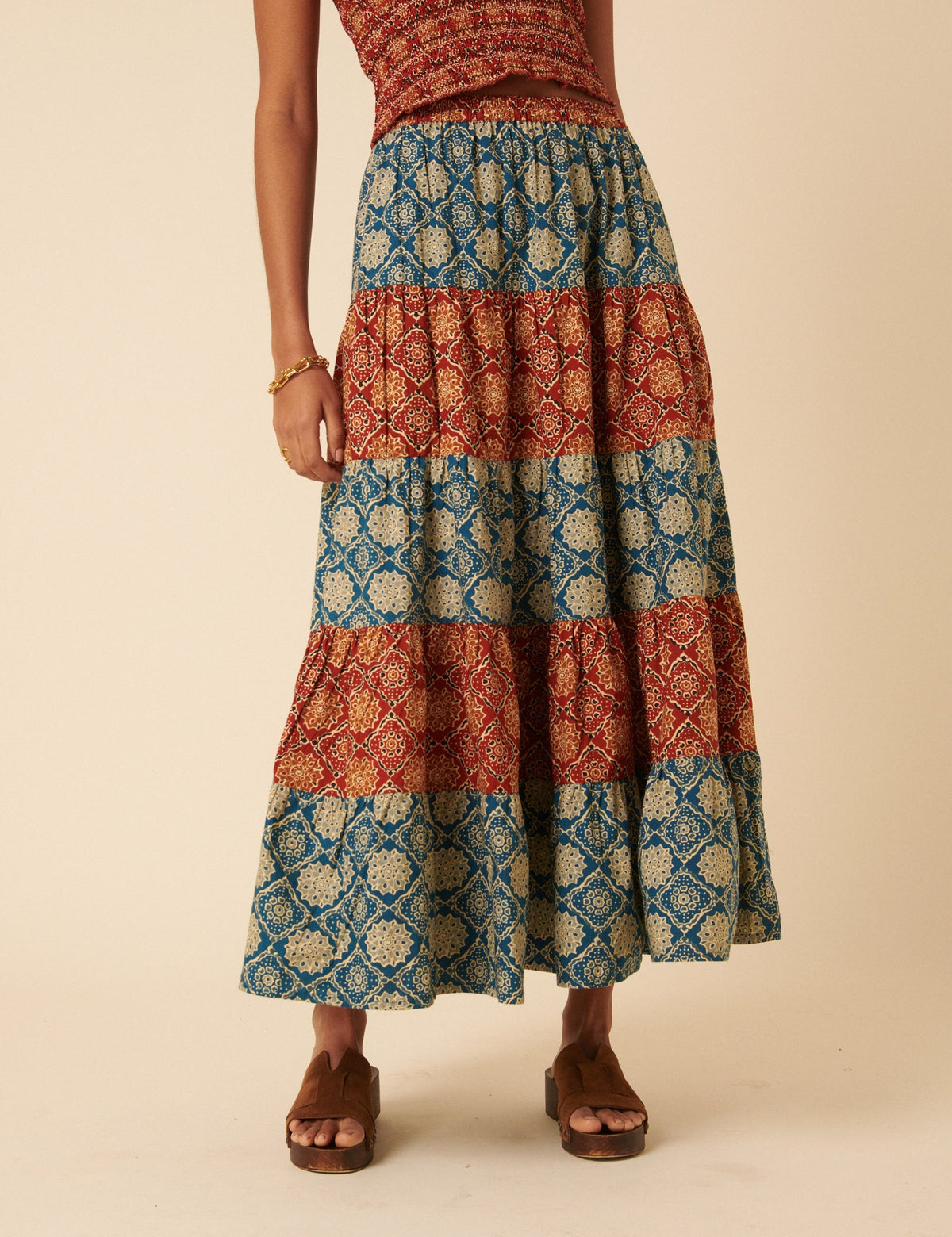 Tile Printed Tiered Midi Skirt