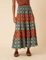 Tile Printed Tiered Midi Skirt