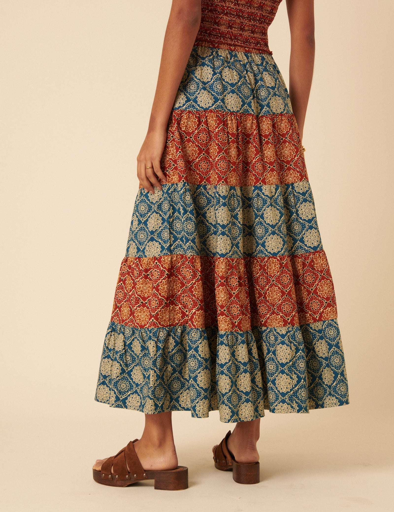 Tile Printed Tiered Midi Skirt