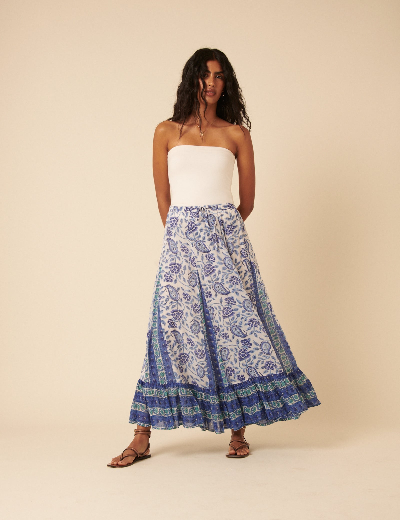 Woodblock Print Tiered Maxi Skirt