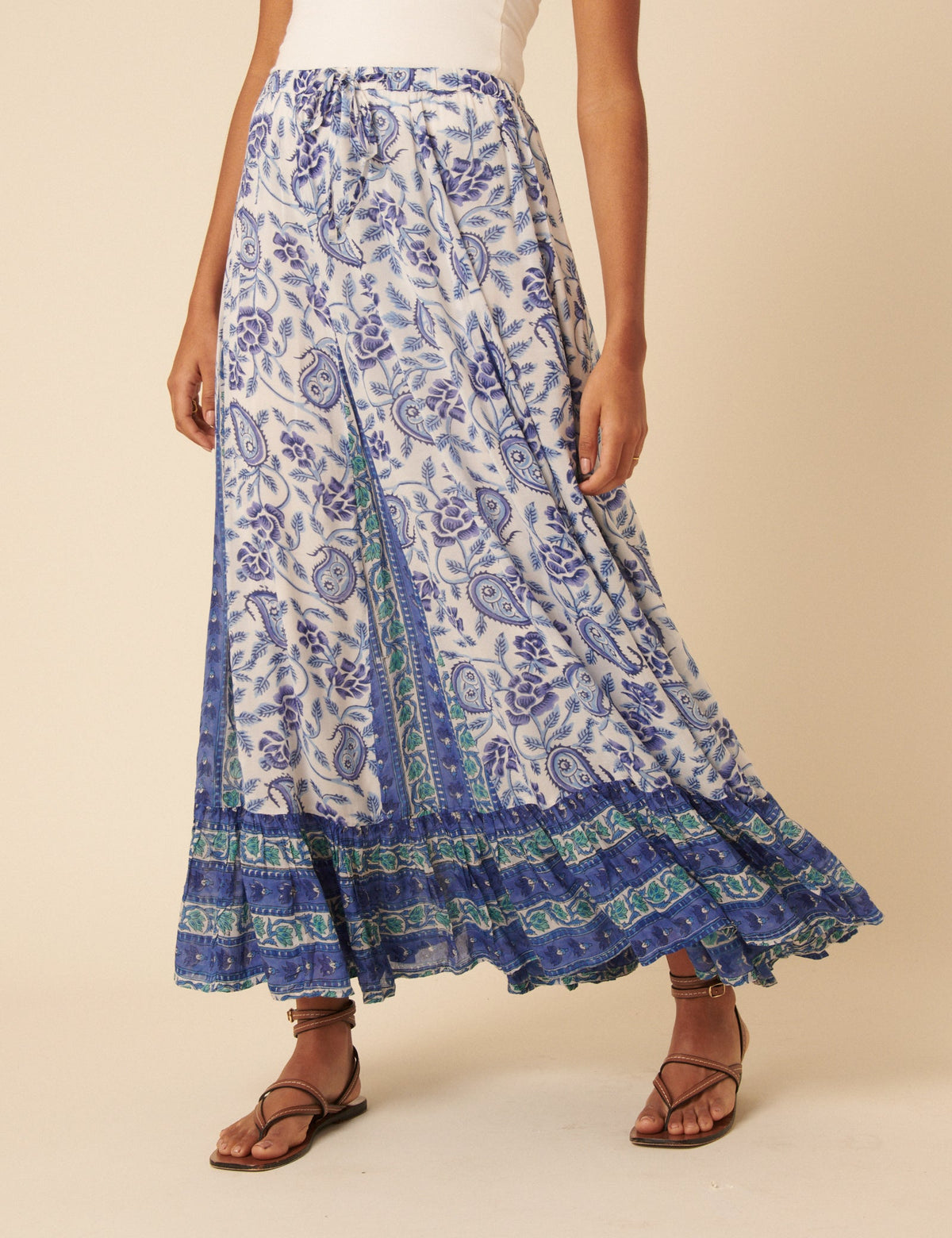Woodblock Print Tiered Maxi Skirt