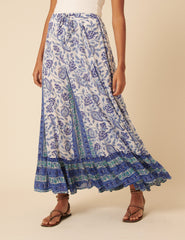 Woodblock Print Tiered Maxi Skirt