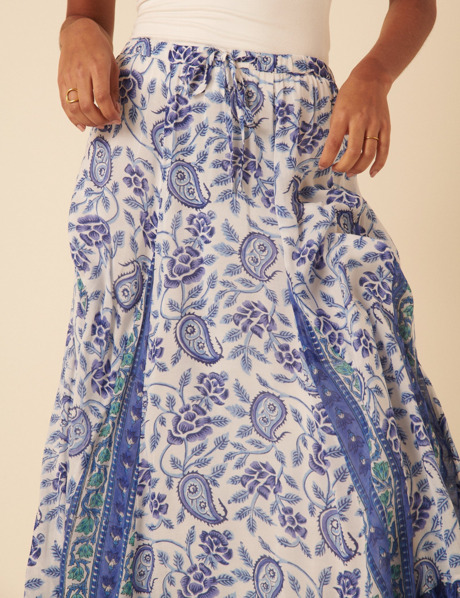 Woodblock Print Tiered Maxi Skirt