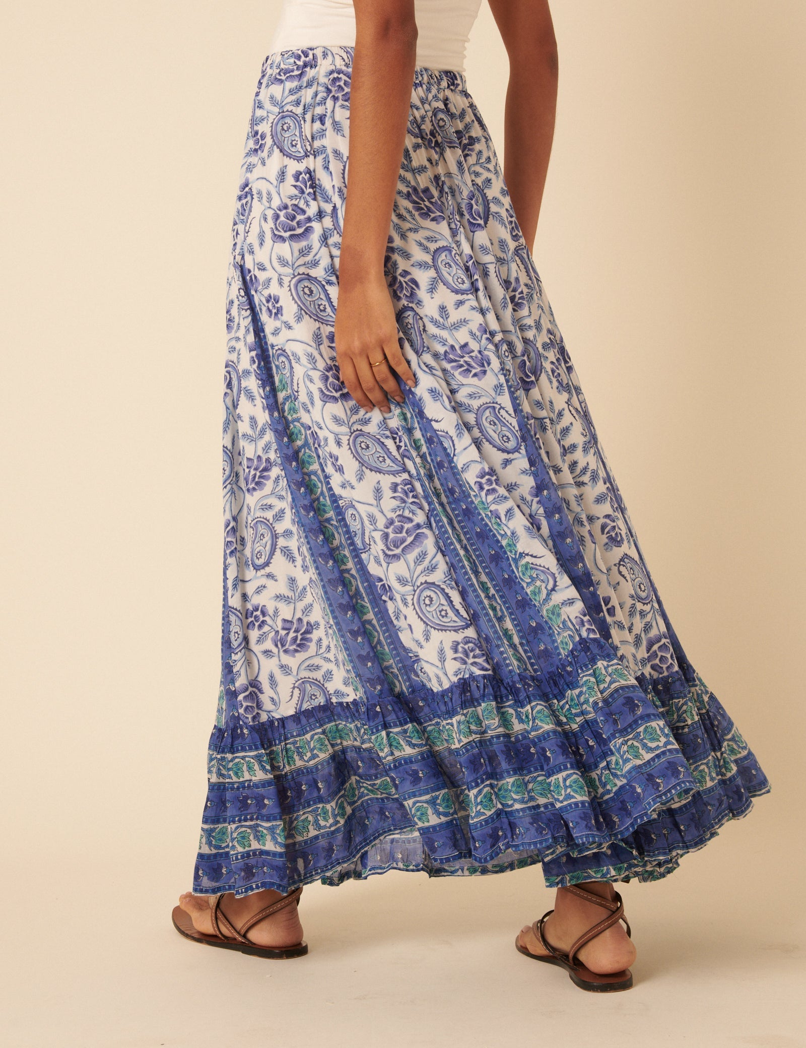 Woodblock Print Tiered Maxi Skirt