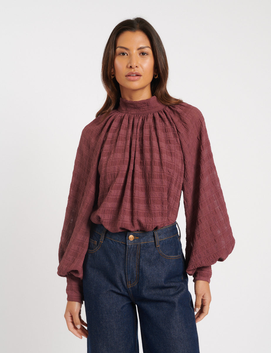Purple Check Balloon Sleeve Blouse