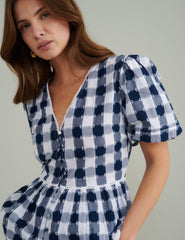 Blue Gingham Puff Sleeve Peplum Blouse