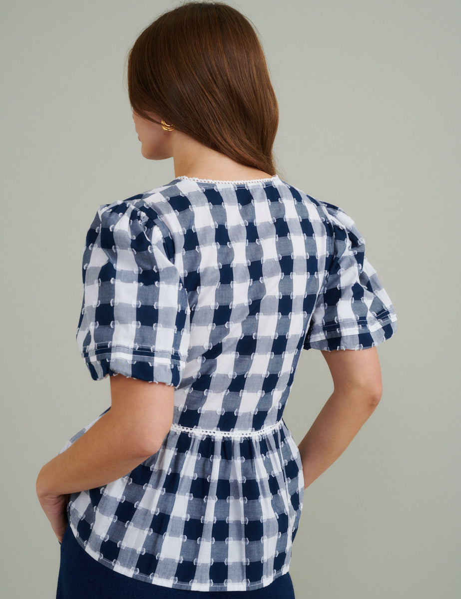 Blue Gingham Puff Sleeve Peplum Blouse