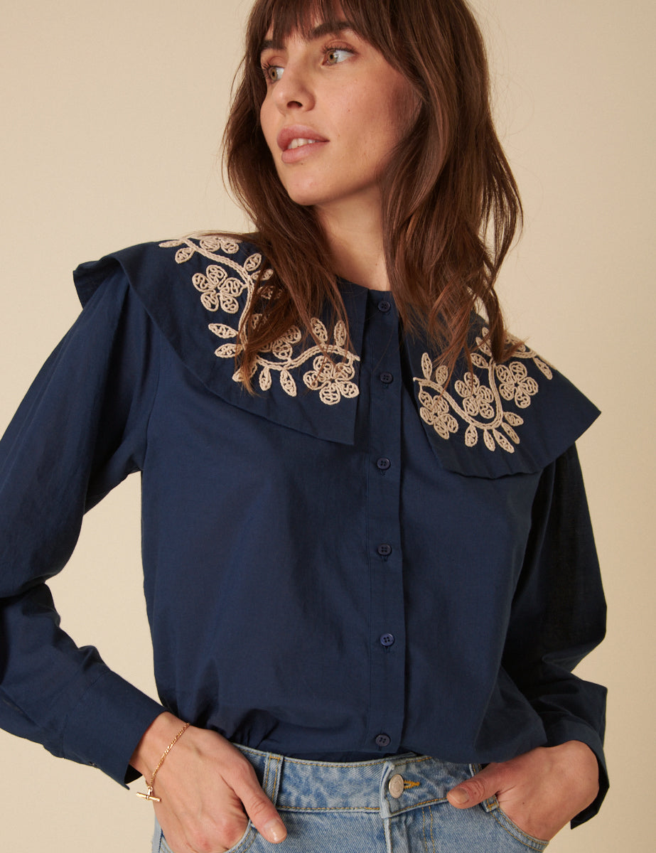 Navy Floral Embroidered Collar Blouse