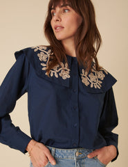 Navy Floral Embroidered Collar Blouse