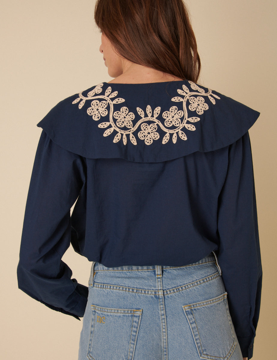 Navy Floral Embroidered Collar Blouse
