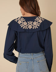 Navy Floral Embroidered Collar Blouse