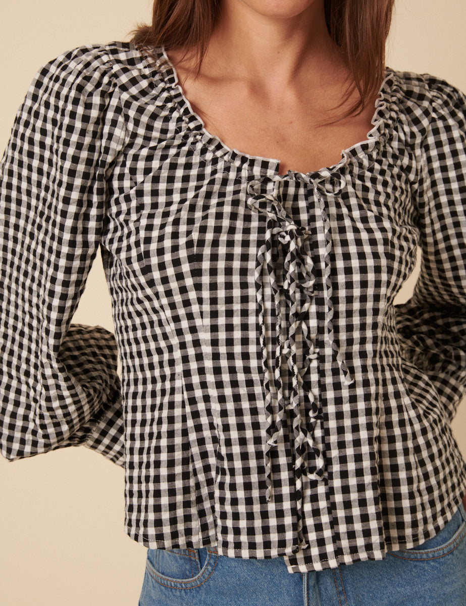 Black Gingham Tie Front Blouse