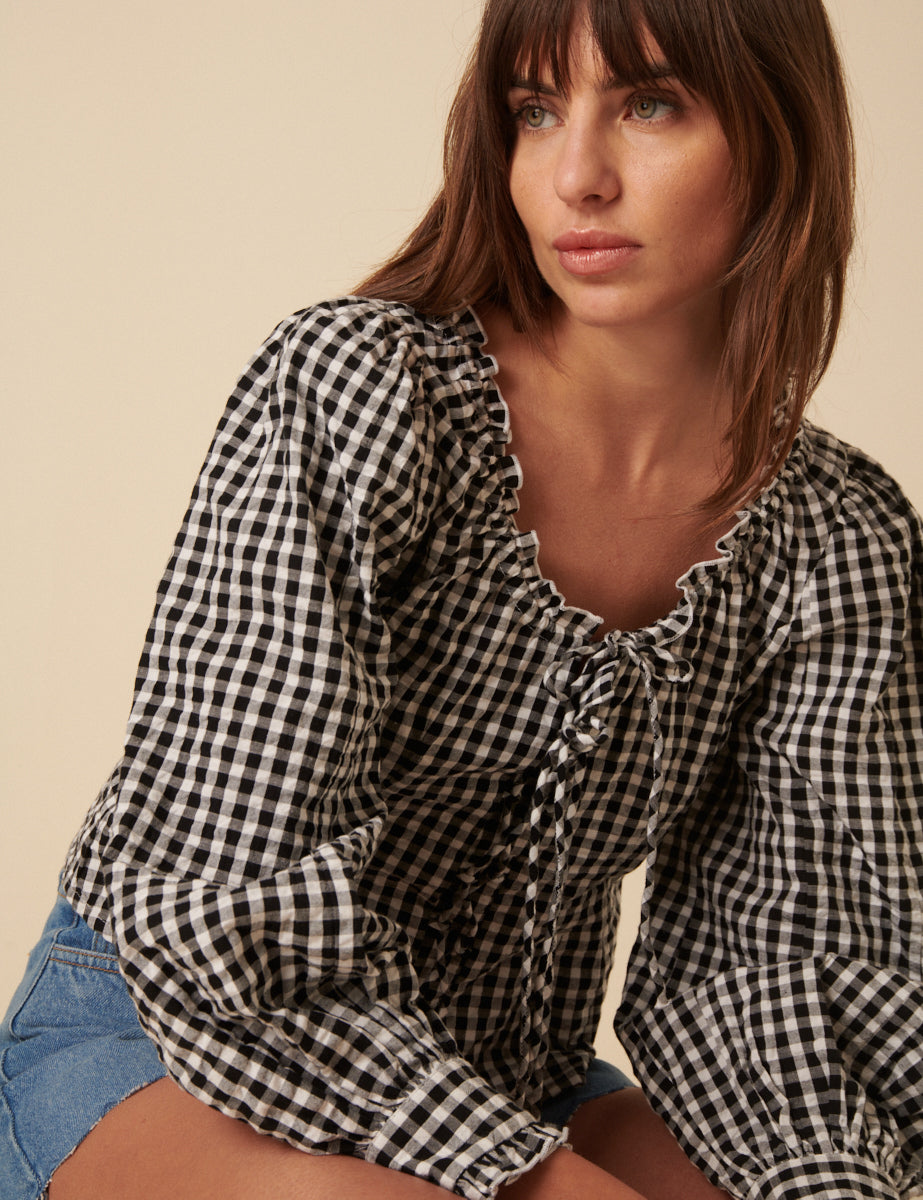 Black Gingham Tie Front Blouse
