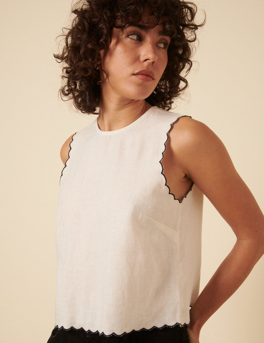 Cream Linen-blend Scallop Trim Swing Top