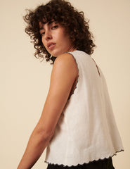 Cream Linen-blend Scallop Trim Swing Top