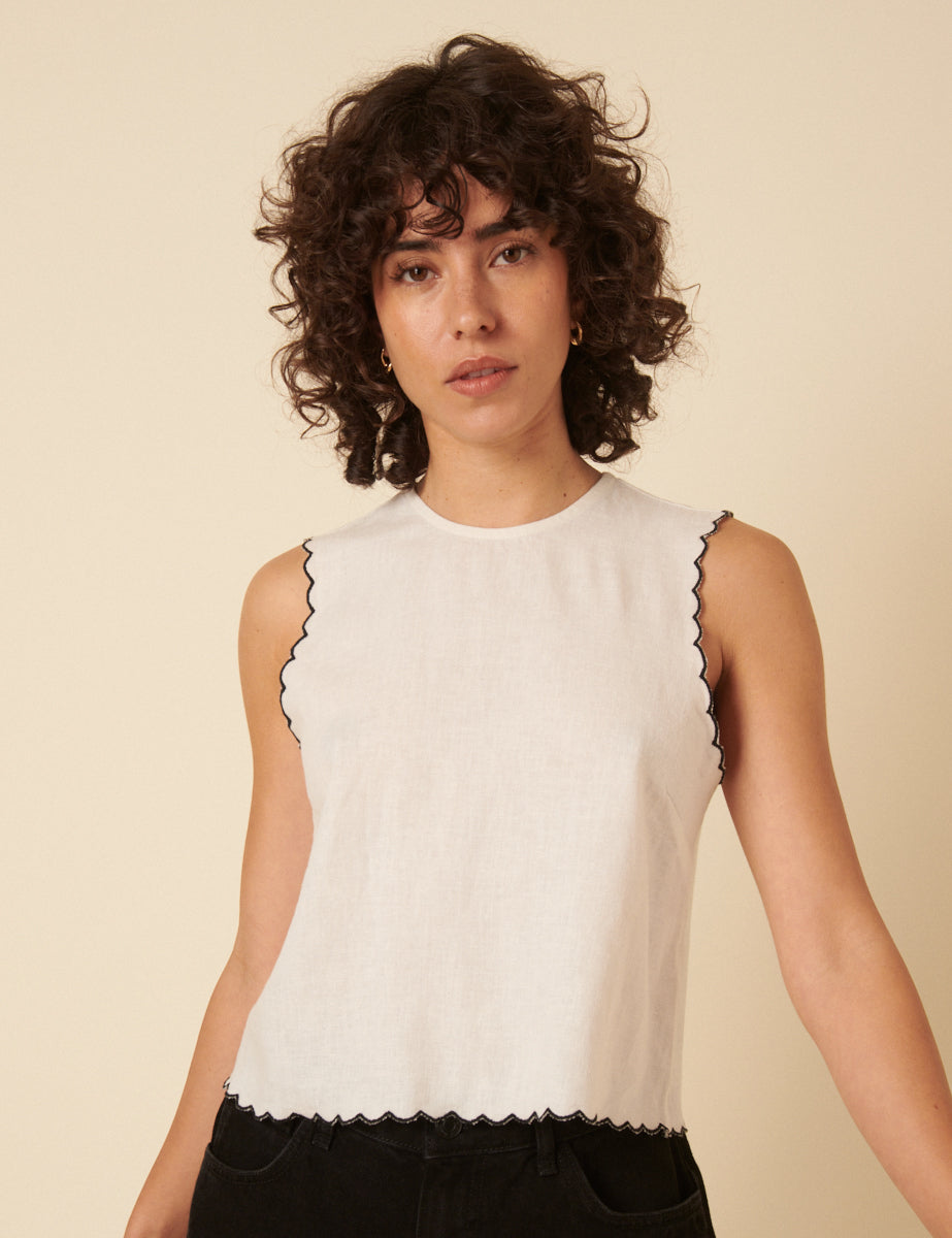 Cream Linen-blend Scallop Trim Swing Top