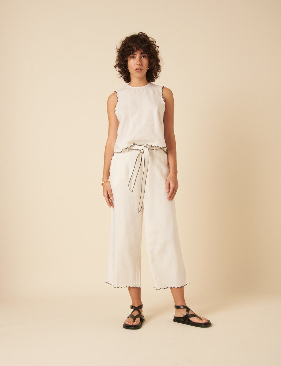 Cream Linen-blend Scallop Trim Swing Top