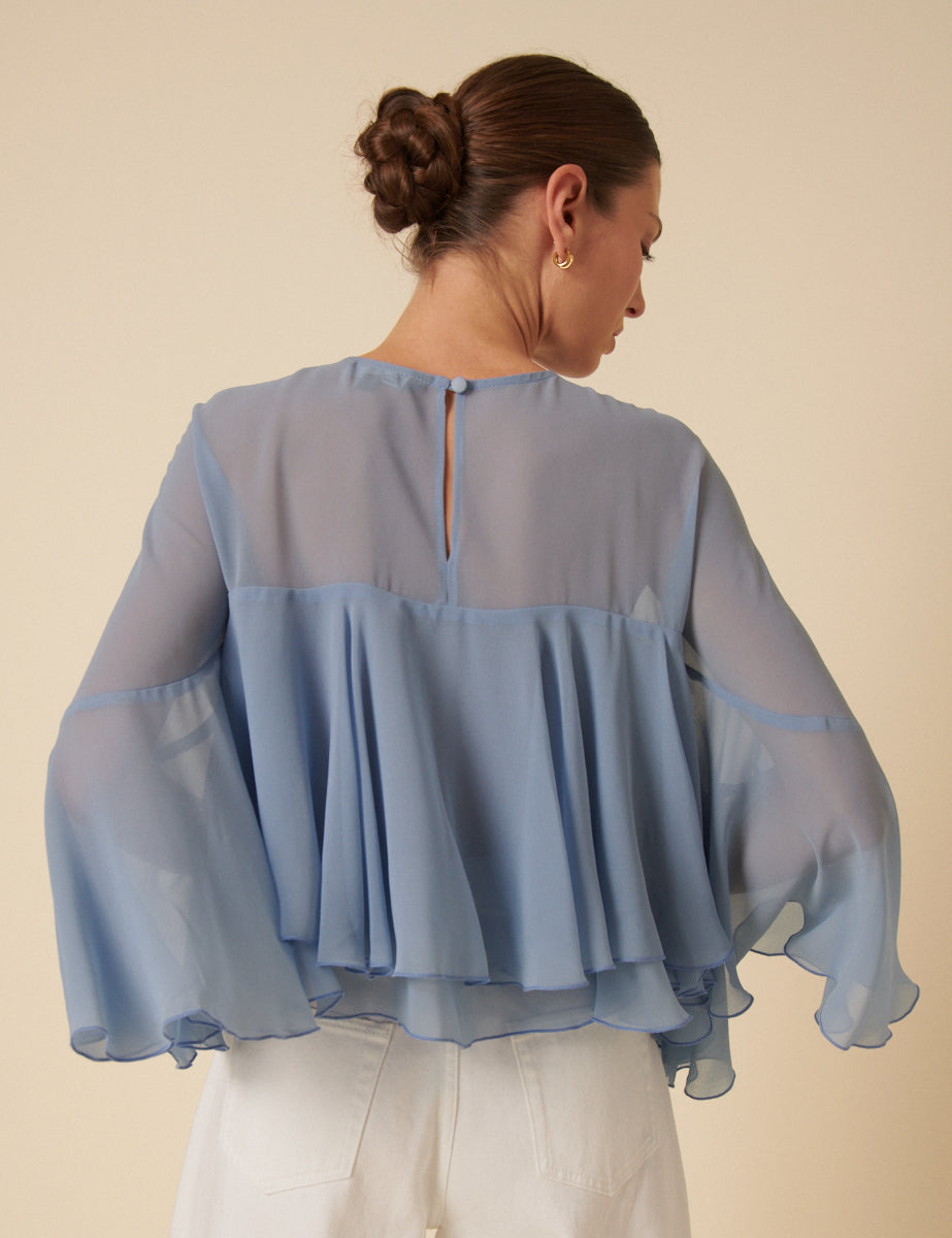 Blue Organza Frill Blouse