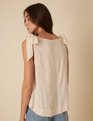 Cream Linen-blend Tie Shoulder Swing Top