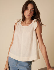 Cream Linen-blend Tie Shoulder Swing Top