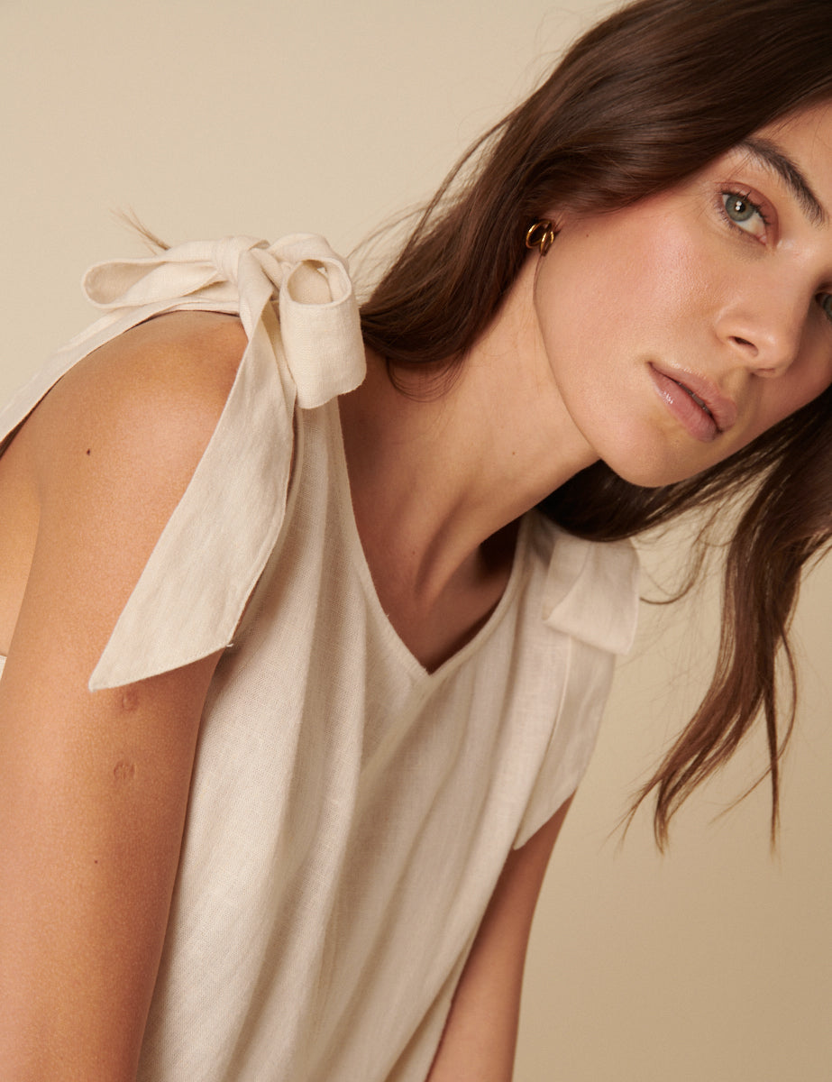 Cream Linen-blend Tie Shoulder Swing Top