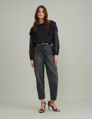 Black Polka Dot Chiffon Ruffle Blouse