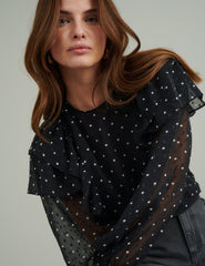 Black Polka Dot Chiffon Ruffle Blouse